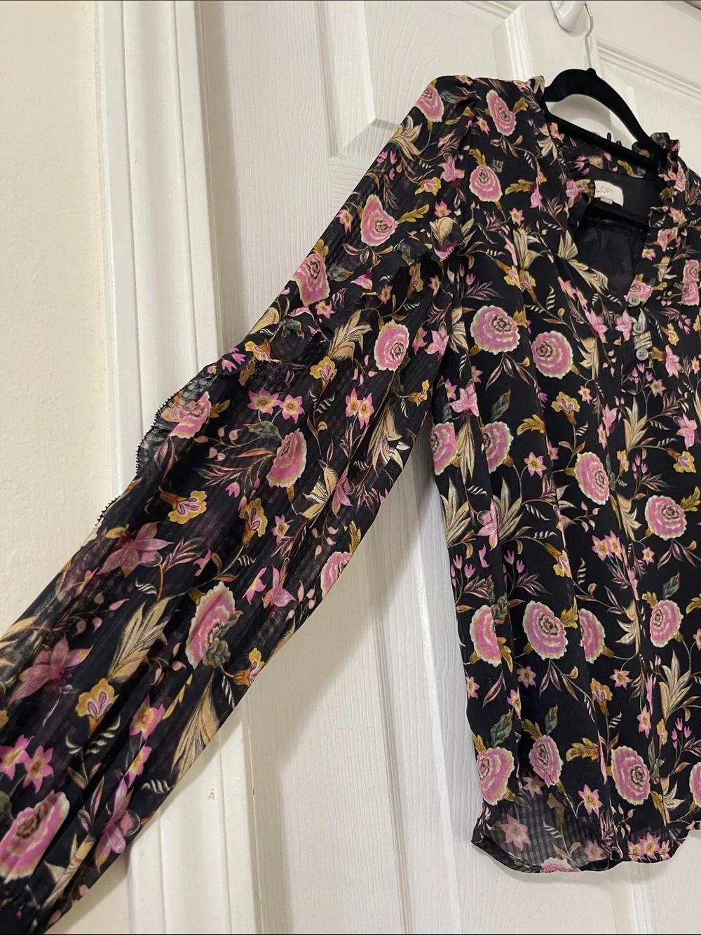 LOFT Black Blouse with Pink Rose Floral Print
